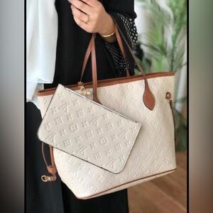 Fashion Soft Leather Trendyol Neverfull Cream & Brown Leather Tote with Pouch